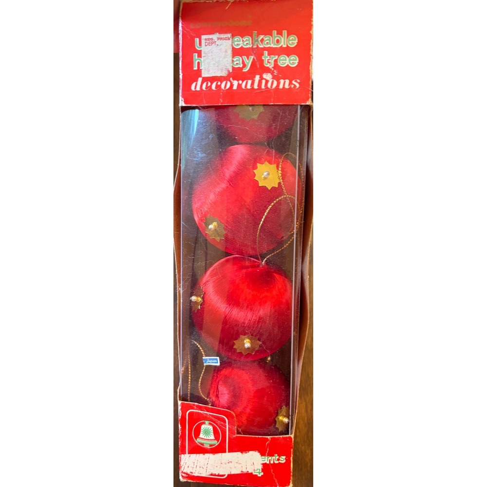 Vintage Commodore Red Satin Silk Ball Christmas Ornaments Set of 4 Japan Retro